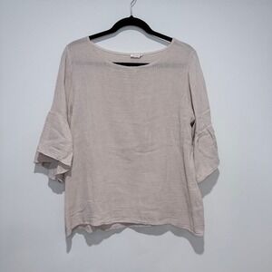 SUZY D London Women's Beige Linen‎ Cotton Blend Bell Sleeve Top Size L